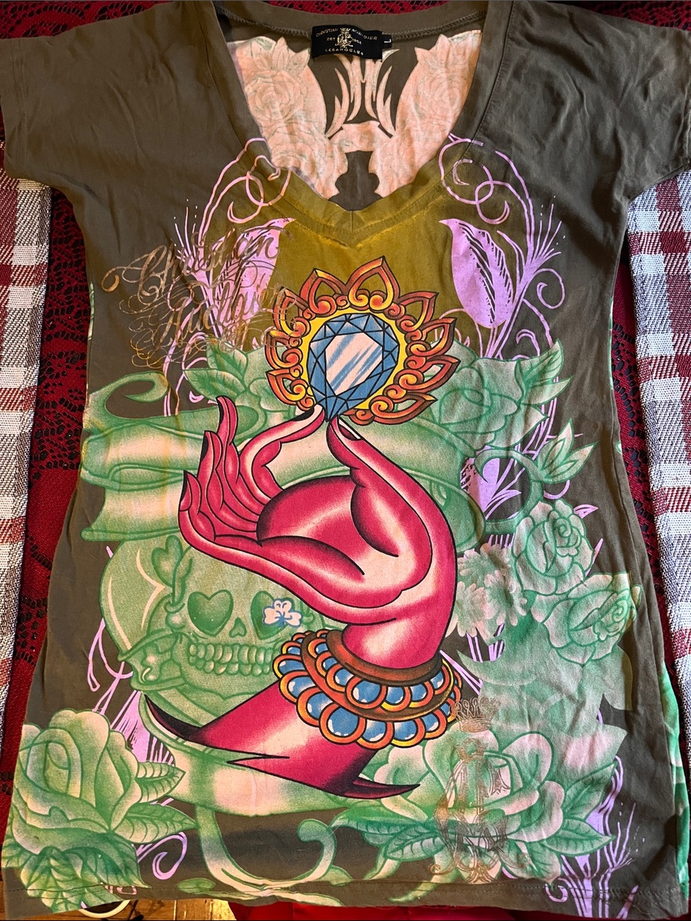 Christian Audigier, Olive V-Neck Tee with Pink & Green Graphics, Women’s Size M